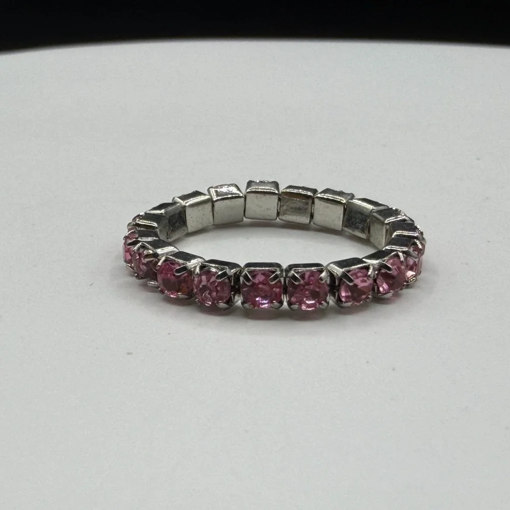 Pink Rhinestone Stretch Bracelet Ring Set Silver Tone Coquette Y2K Sparkle Gift